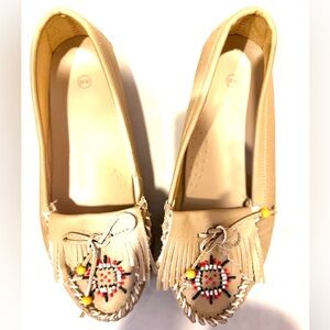Vegan leather beaded, fringe mocassin slippers